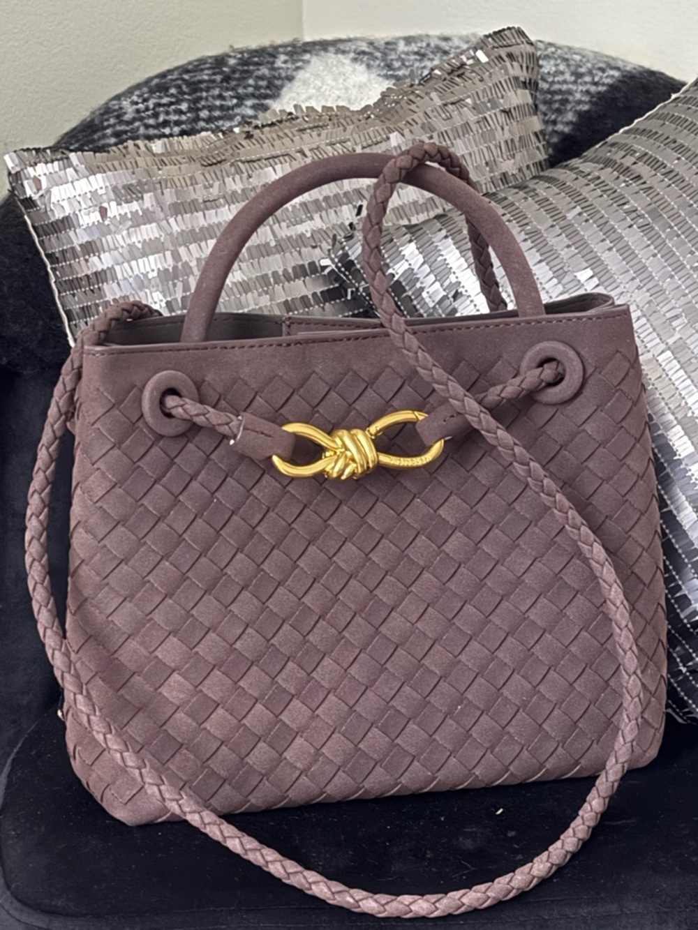 Woven Olive-Brown Leather Tote with Gold Accent